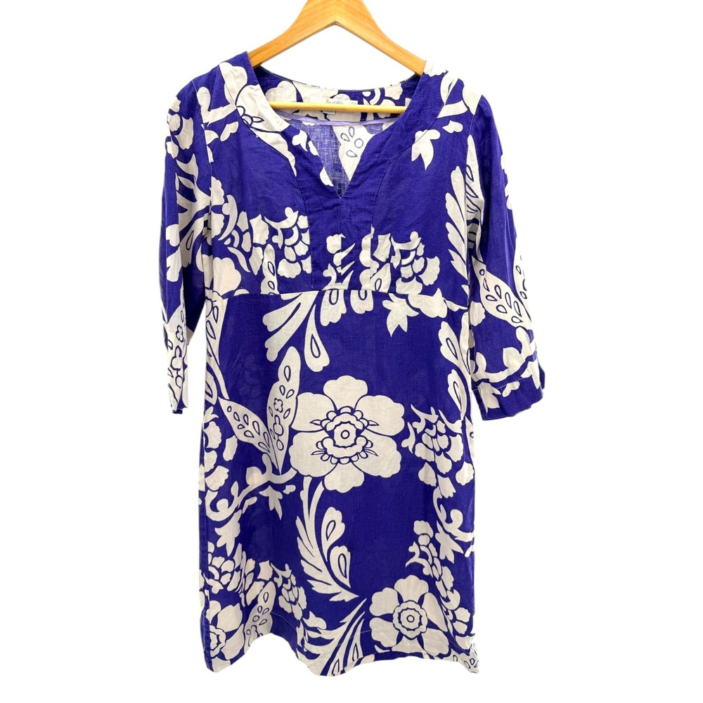 Boden Womens Purple White Floral Linen Shift Dress 3/4 Sleeve WH617 Size‎ 8L